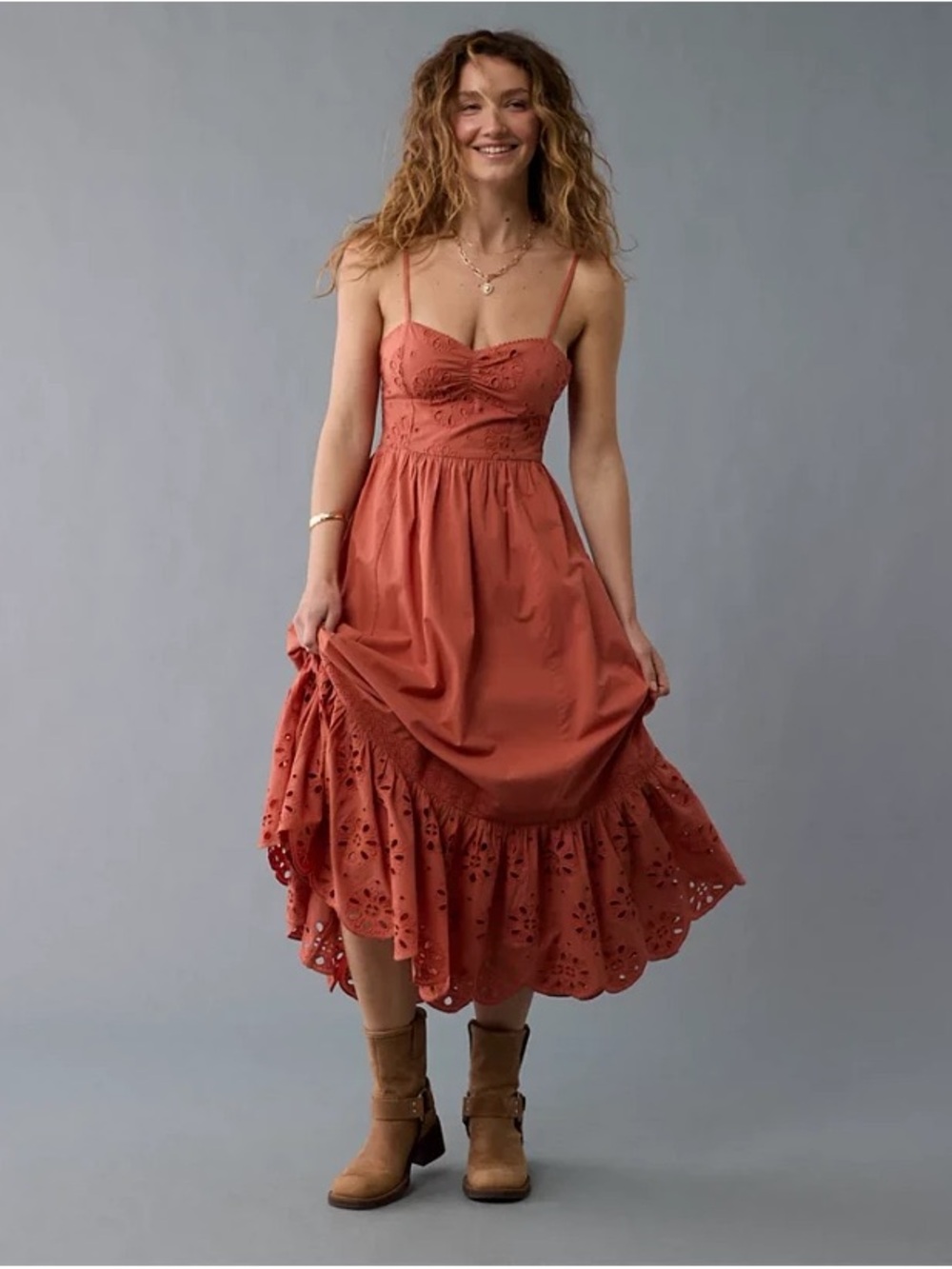 American Eagle Corset Burnt Orange Tie Back Eyelet Maxi Dress